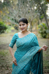 Blue Gala Border Pattern Raw Silk Saree - kalyanja