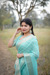 Powder Blue Zari Work Soft Kalyani Silk Saree - kalyanja