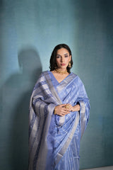 Dusky Blue Ikkat Or Zari Weaving Soft Khadi Raw Silk Saree - kalyanja