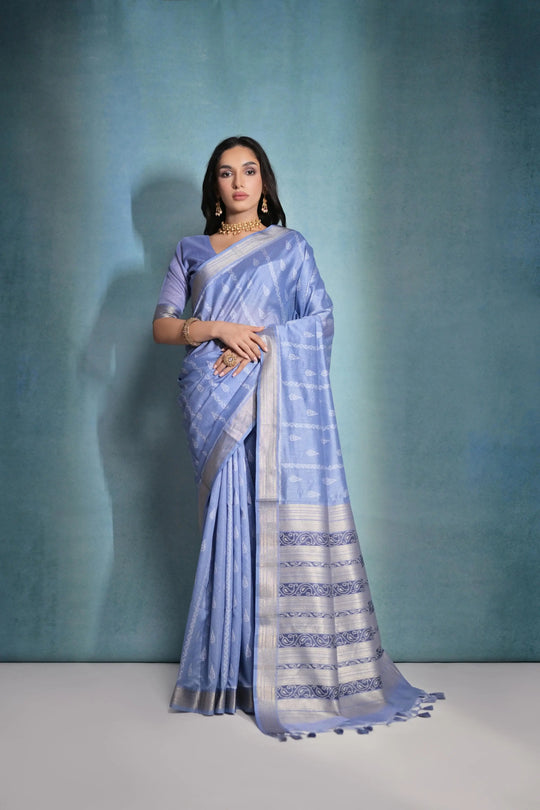 Dusky Blue Ikkat Or Zari Weaving Soft Khadi Raw Silk Saree