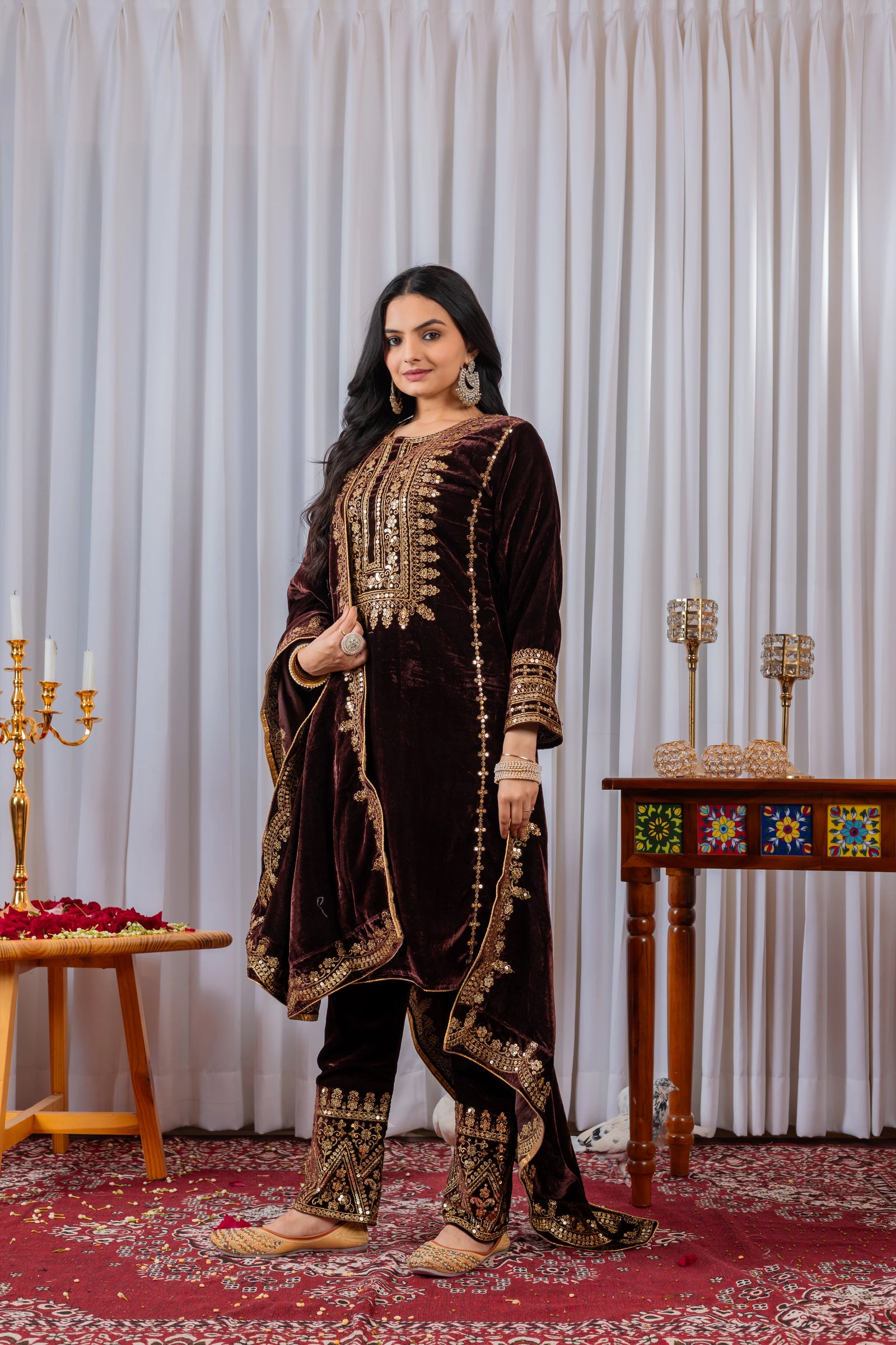 Brown Sequins Embroidery Work Viscose Velvet Suit