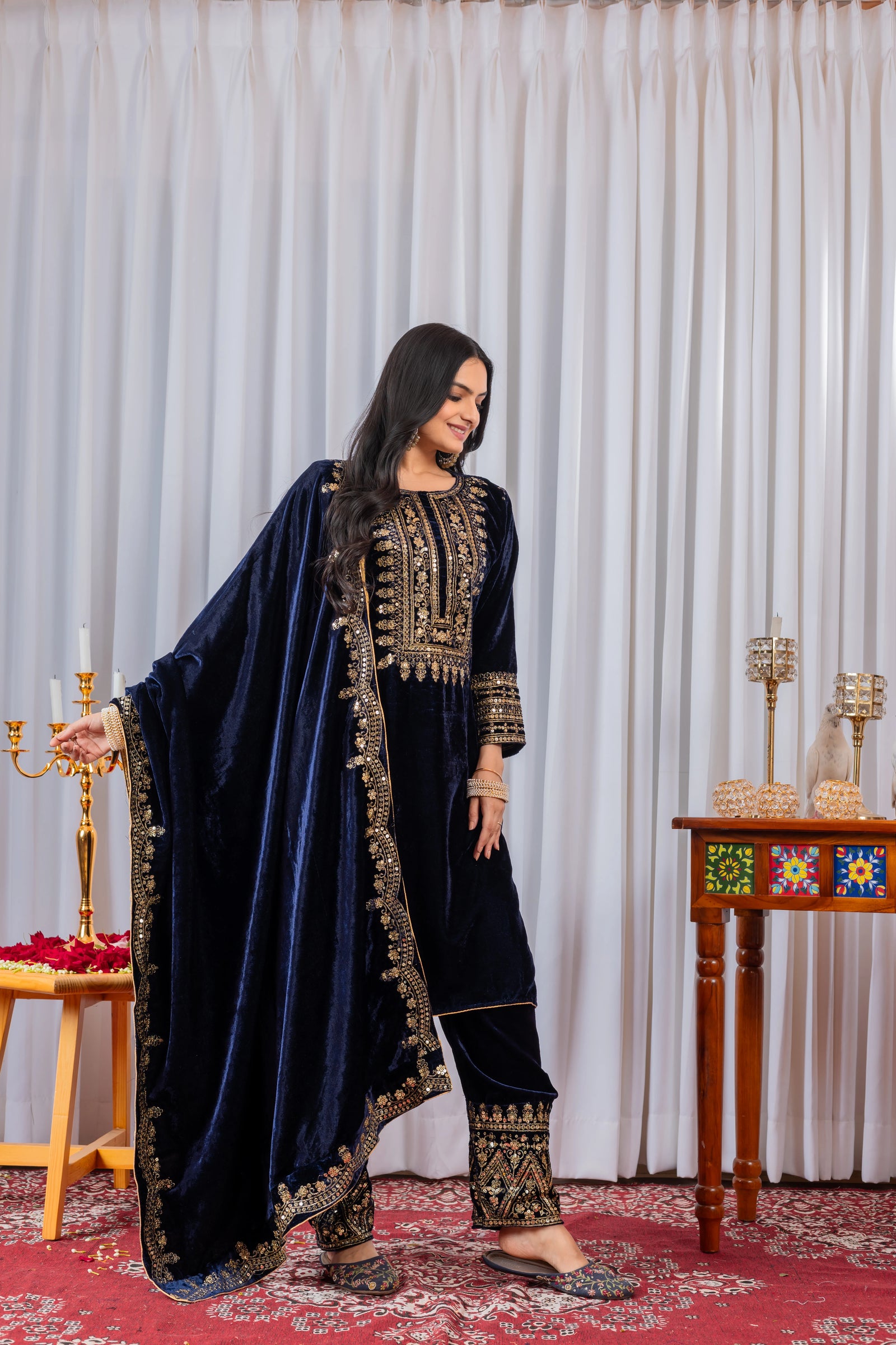 Navy Blue Sequins Embroidery Viscose Velvet Suit – Kalyanja