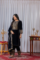 Navy Blue Sequins Embroidery Viscose Velvet Suit – Kalyanja