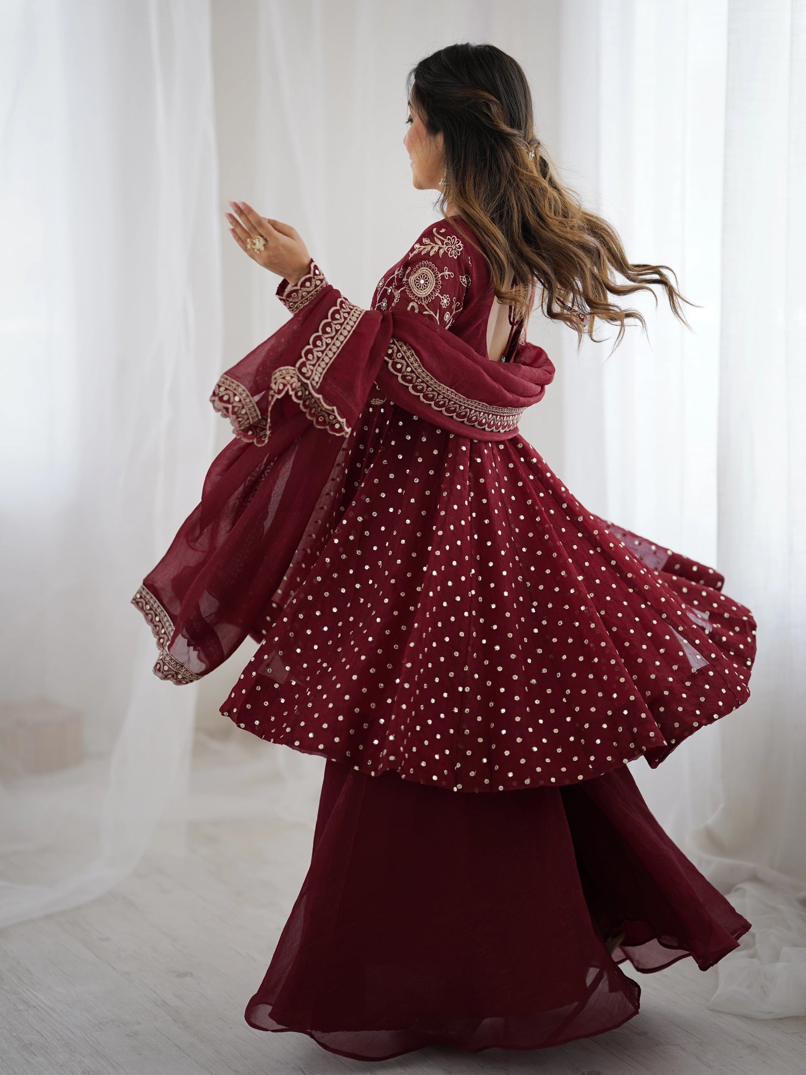 Maroon sequin embroidery crunchy silk suit – Kalyanja.
