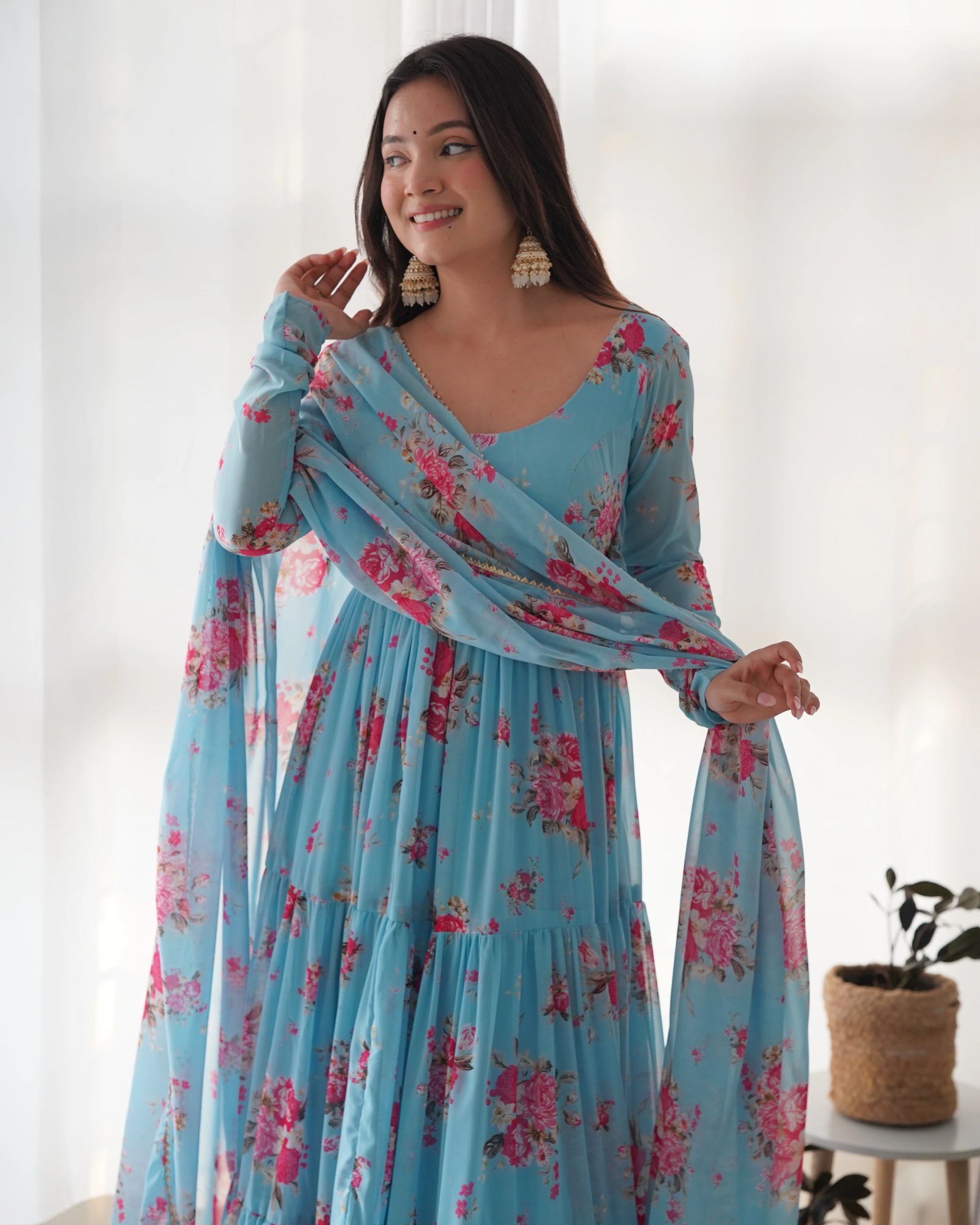 Sky Blue Floral Printed Fox Georgette Suit – Kalyanja