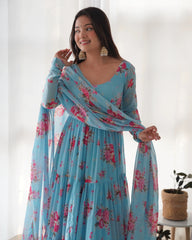 Sky Blue Floral Printed Fox Georgette Suit – Kalyanja