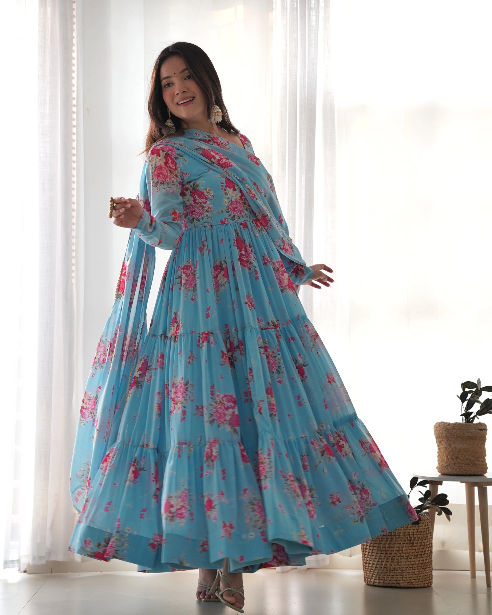 Sky Blue Floral Printed Fox Georgette Suit – Kalyanja