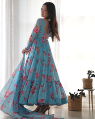 Sky Blue Floral Printed Fox Georgette Suit – Kalyanja