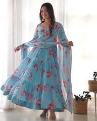 Sky Blue Floral Printed Fox Georgette Suit – Kalyanja