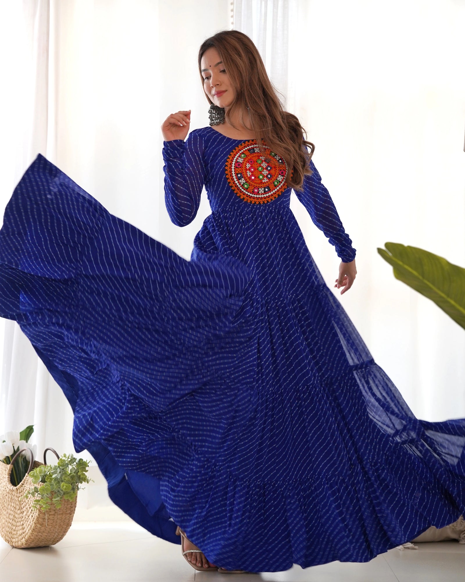 Blue Gamthi With Laheriya Print Fox Georgette Gown
