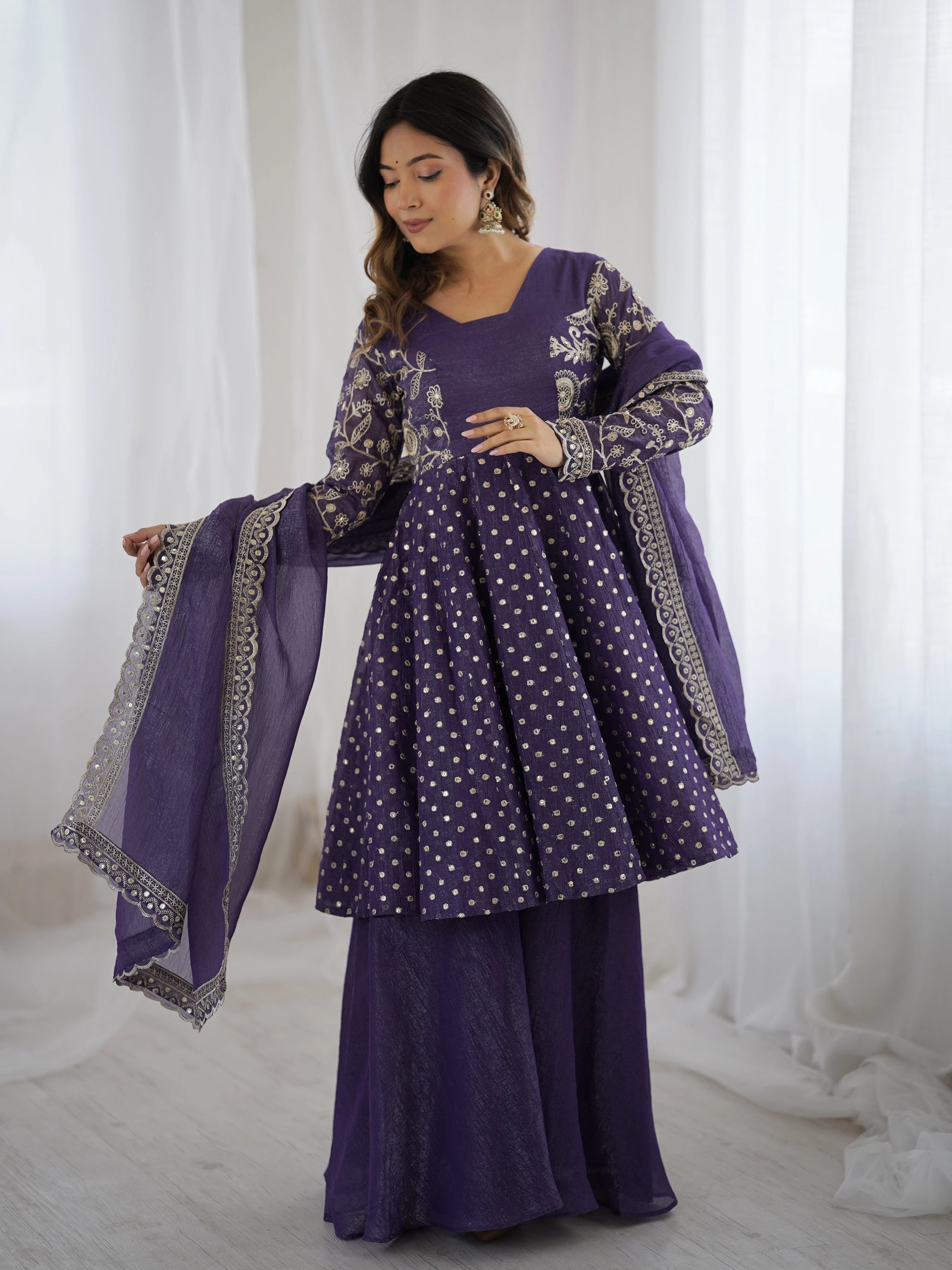 Lavender Embroidery Sequin Work Crunchy Silk Suit – Kalyanja