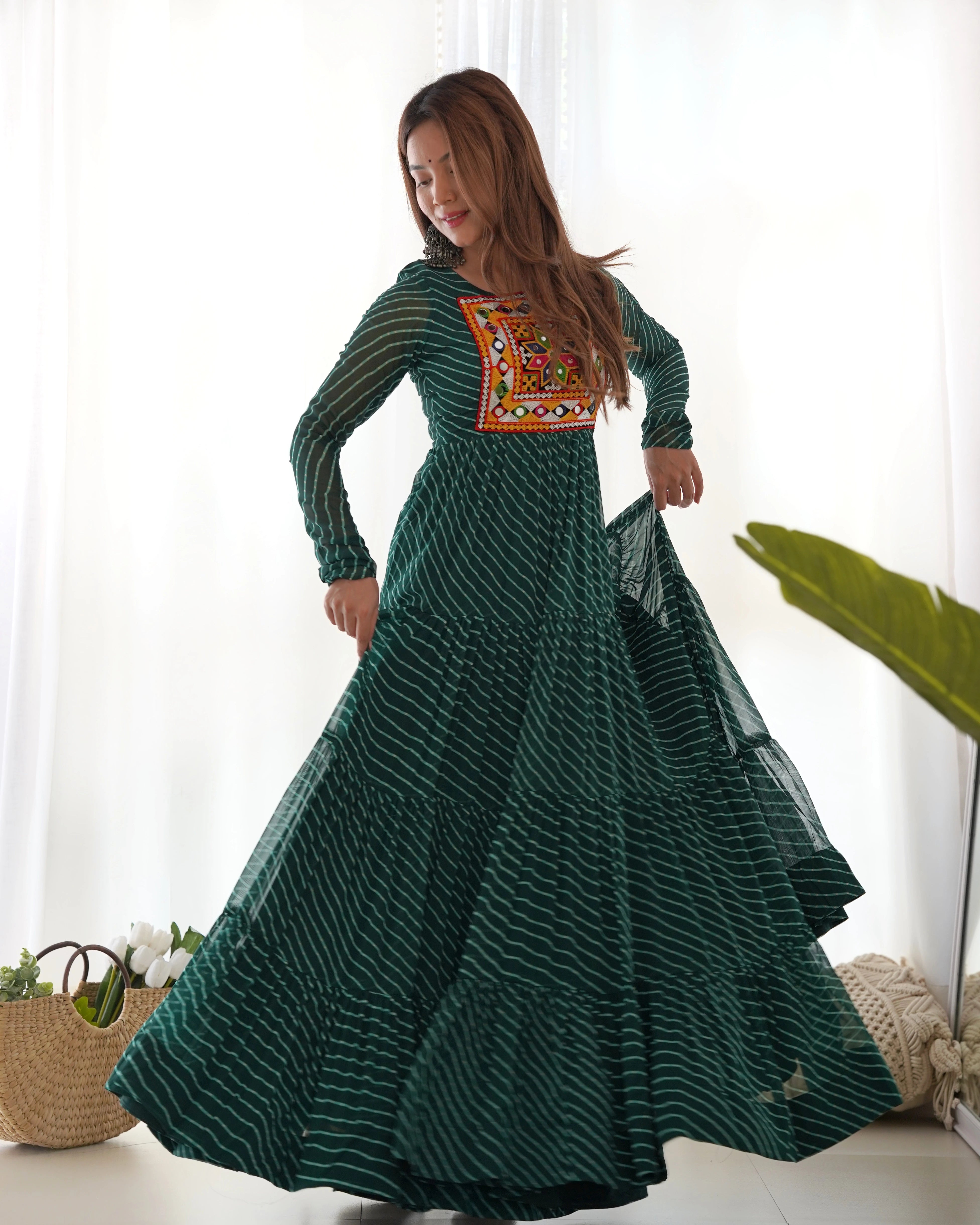 Dark Green Gamthi with Laheriya Print Fox Georgette Gown - kalyanja