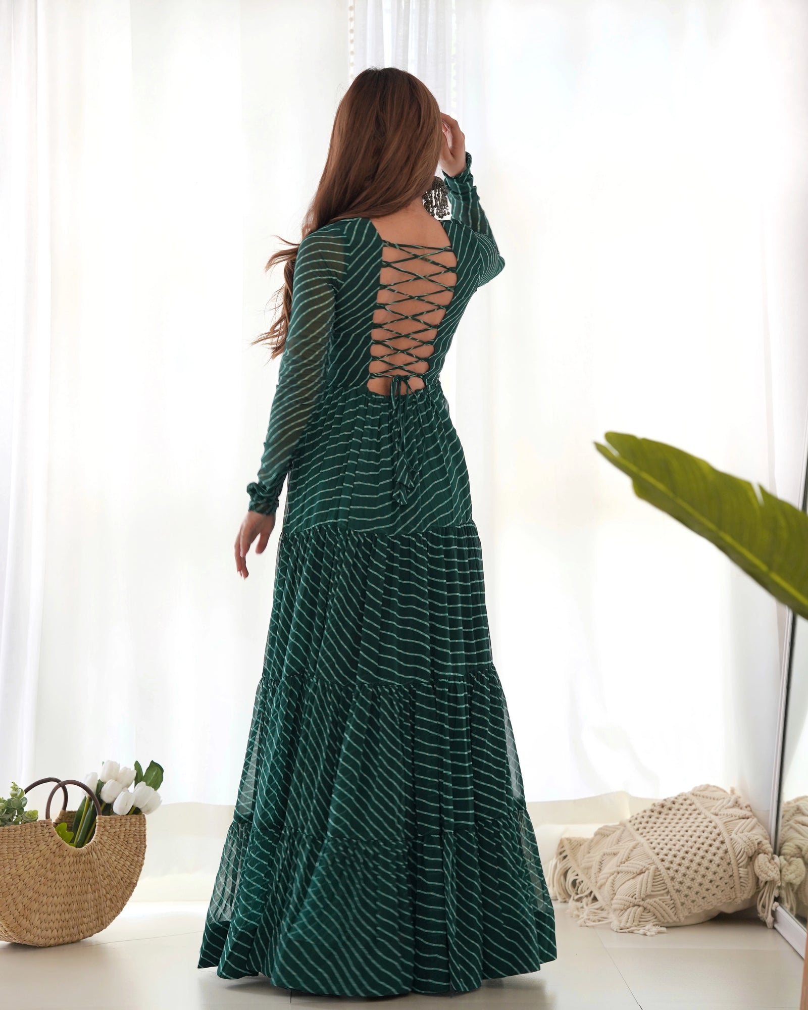 Dark Green Gamthi with Laheriya Print Fox Georgette Gown – Kalyanja