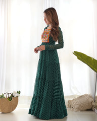 Dark Green Gamthi with Laheriya Print Fox Georgette Gown – Kalyanja
