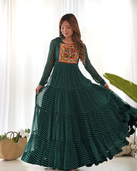 Dark Green Gamthi with Laheriya Print Fox Georgette Gown – Kalyanja