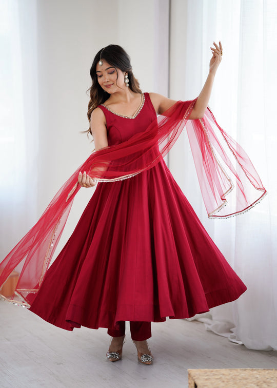 Maroon Maya Chanderi Anarkali set – Kalyanja.