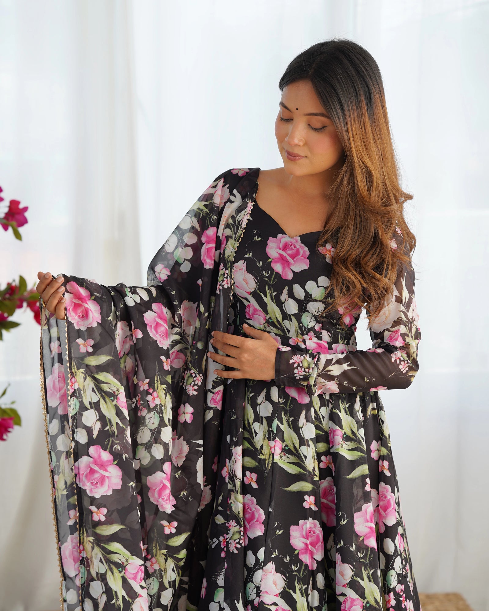 Black Floral Printed Organza Silk Suit - kalyanja
