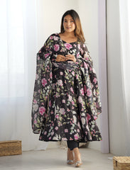 Black Floral Printed Organza Silk Suit – Kalyanja