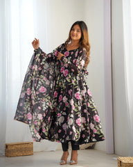 Black Floral Printed Organza Silk Suit – Kalyanja