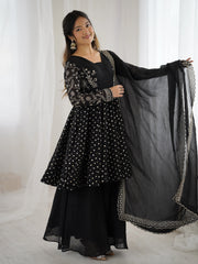 Black Embroidery Sequin Work Crunchy Silk Suit - kalyanja