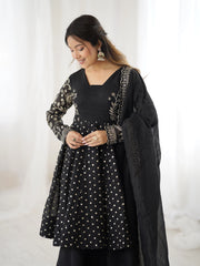 Black Embroidery Sequin Work Crunchy Silk Suit - kalyanja