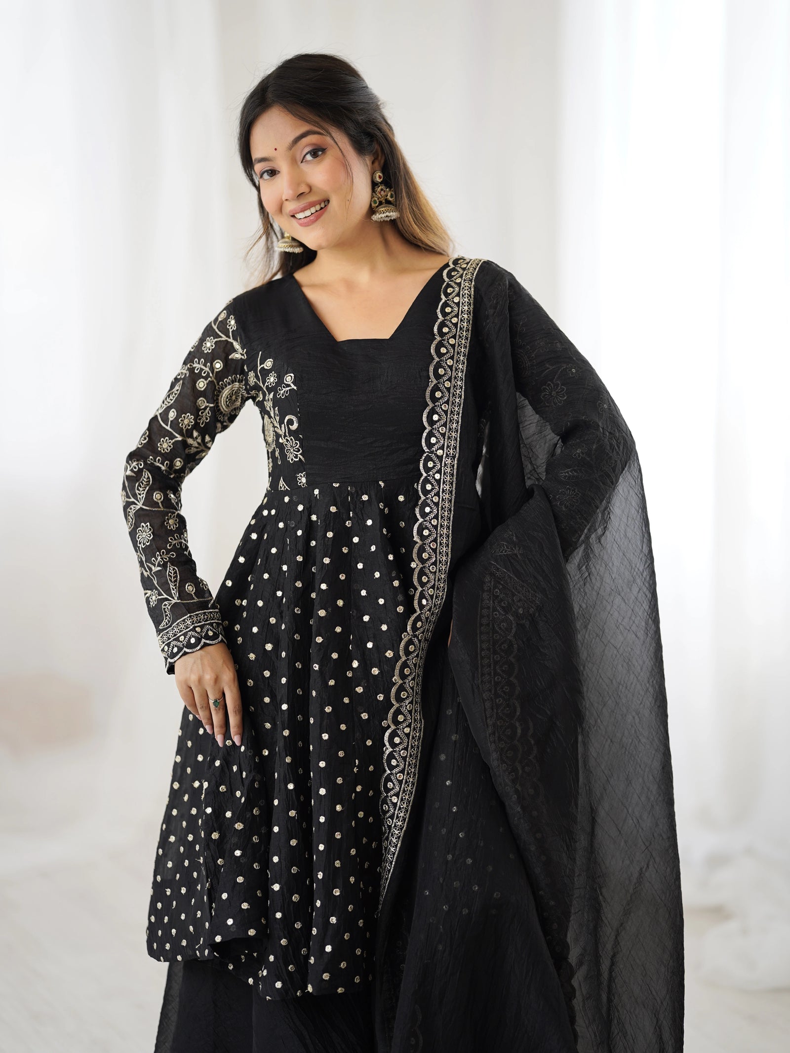 Black Embroidery Sequin Work Crunchy Silk Suit – Kalyanja