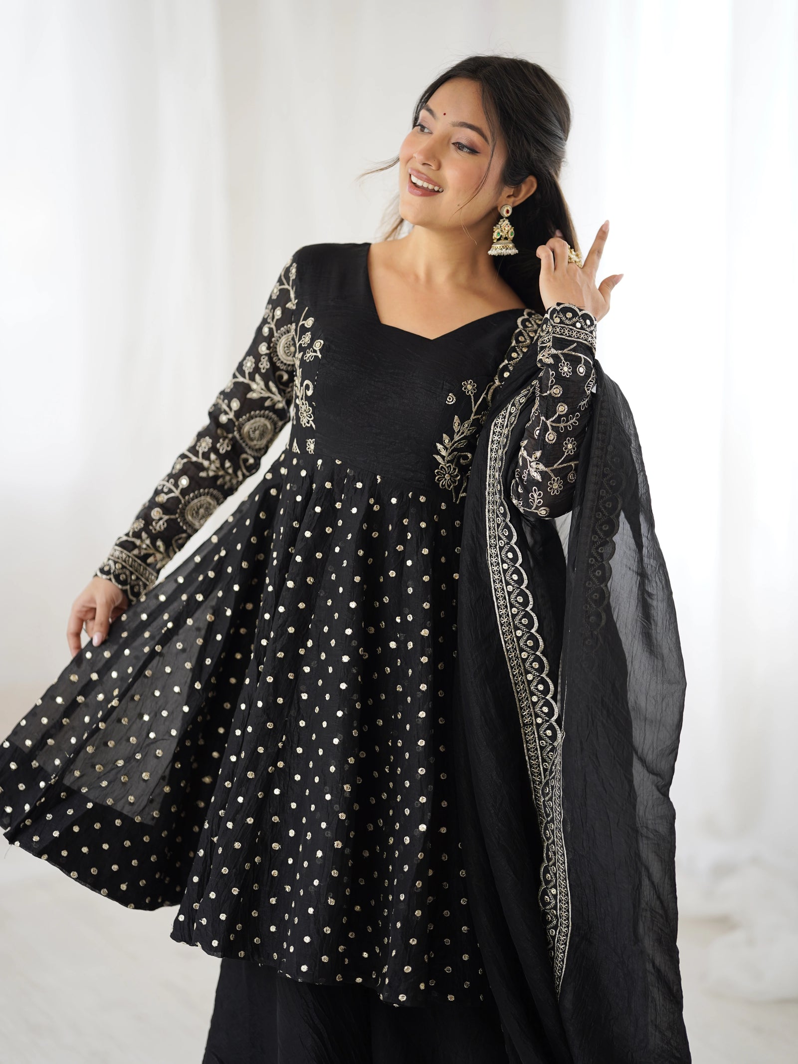 Black Embroidery Sequin Work Crunchy Silk Suit – Kalyanja