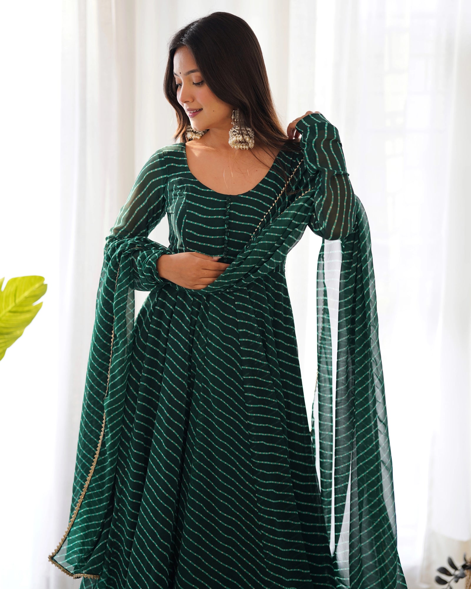 Dark Green Laheriya Print Fox Georgette Suit - kalyanja