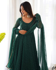 Dark Green Laheriya Print Fox Georgette Suit - kalyanja