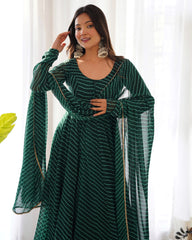 Dark Green Laheriya Print Fox Georgette Suit - kalyanja