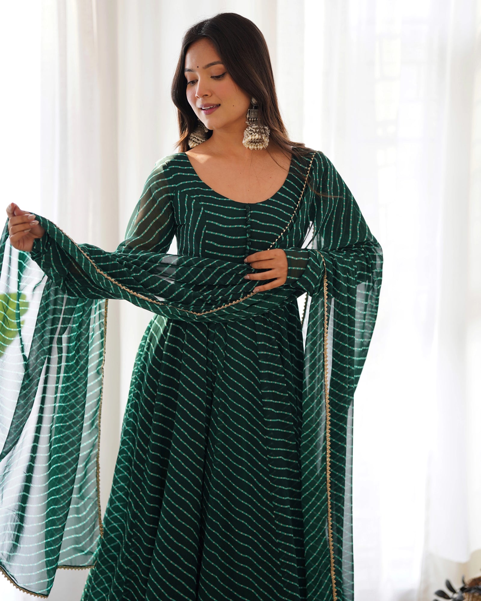 Dark Green Laheriya Print Fox Georgette Suit - kalyanja