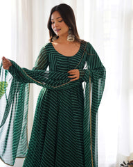 Dark Green Laheriya Print Fox Georgette Suit - kalyanja