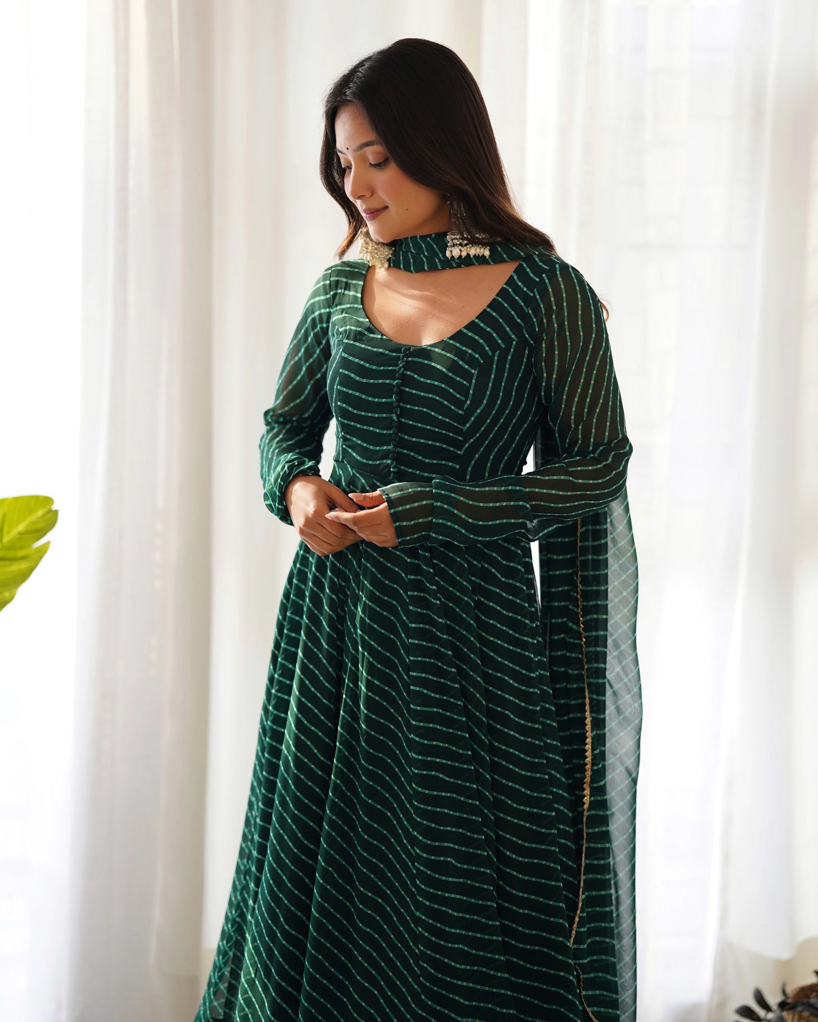 Dark Green Laheriya Print Fox Georgette Suit - kalyanja