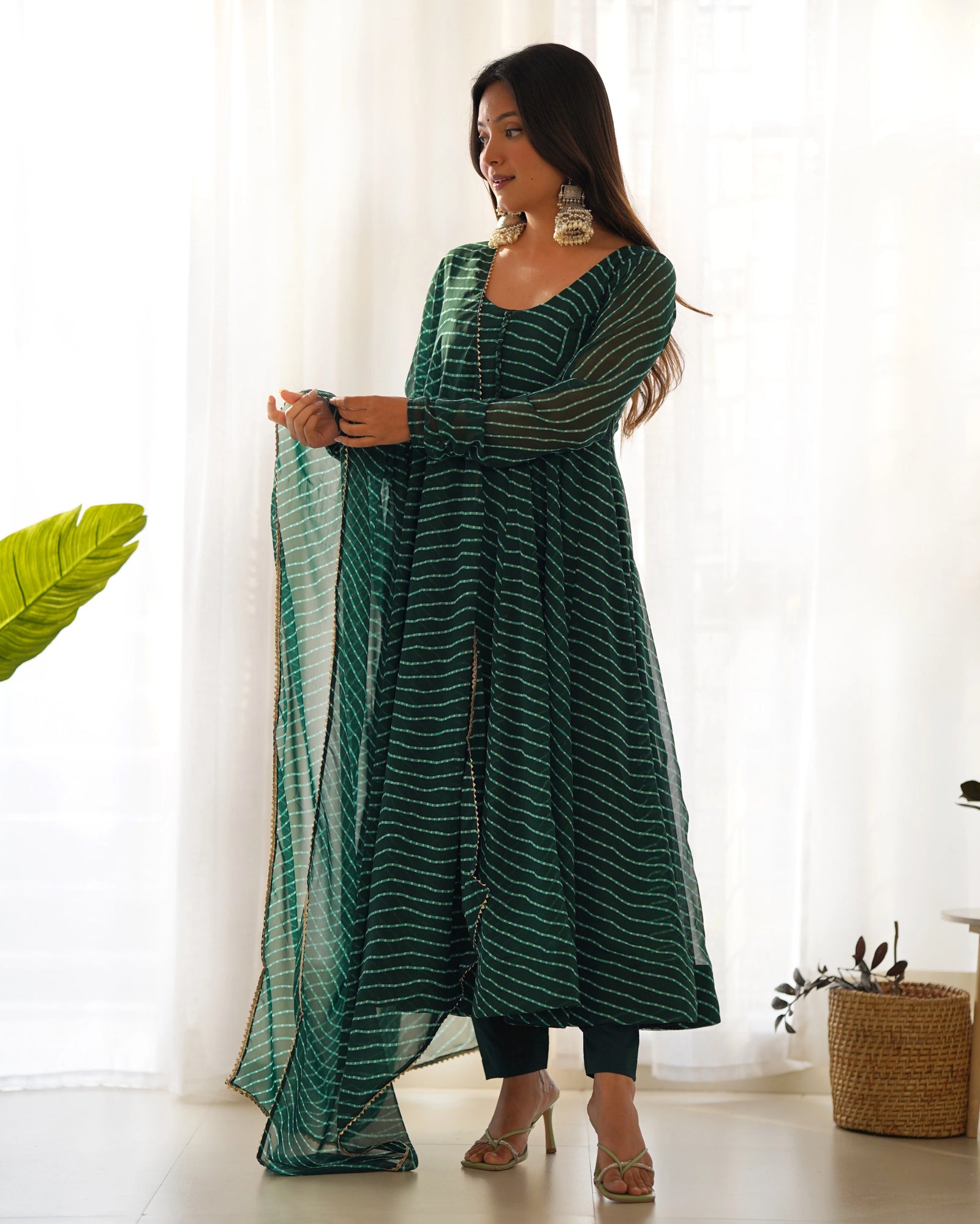 Dark Green Laheriya Print Fox Georgette Suit – Kalyanja
