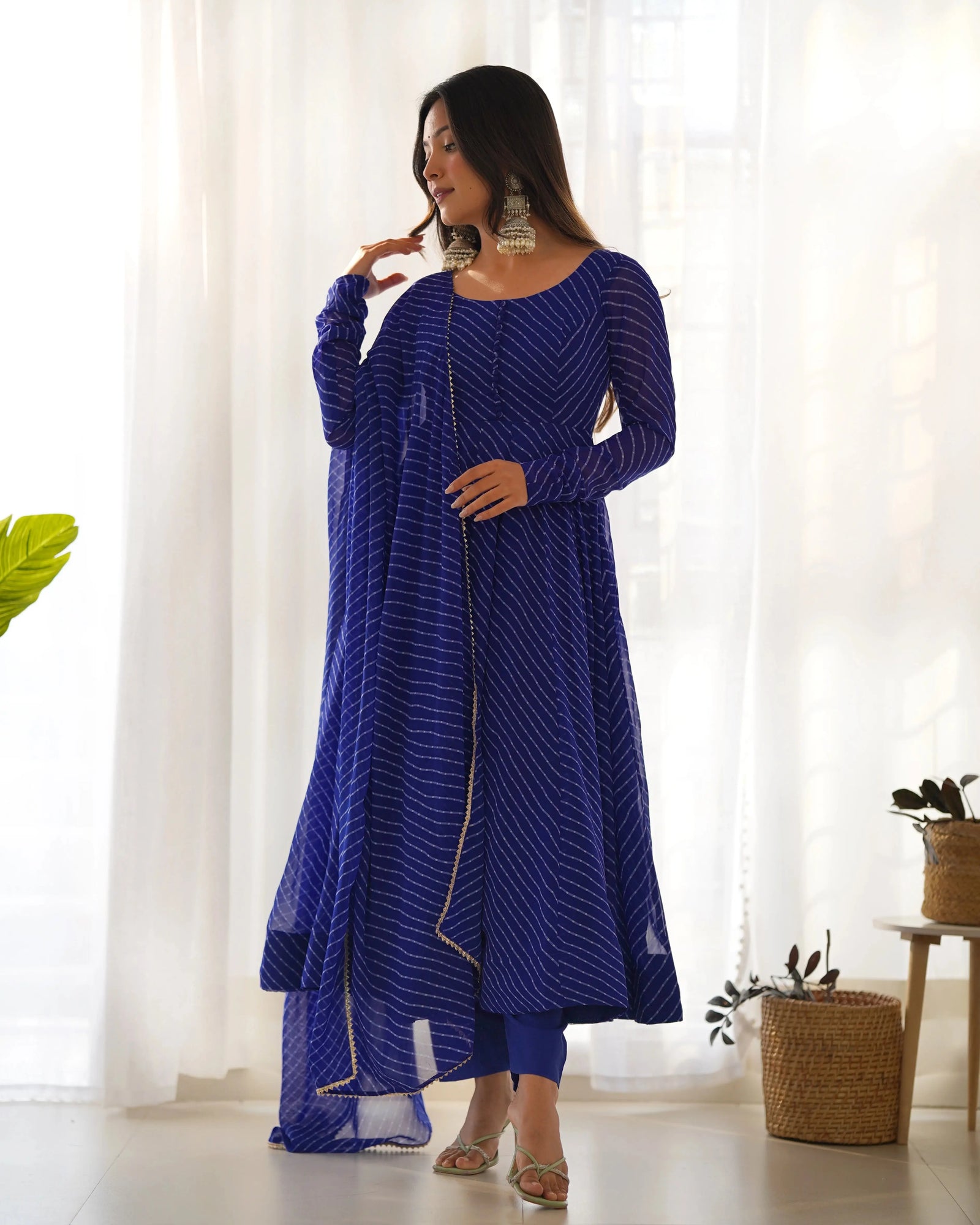 blue leheriya print faux georgette suit