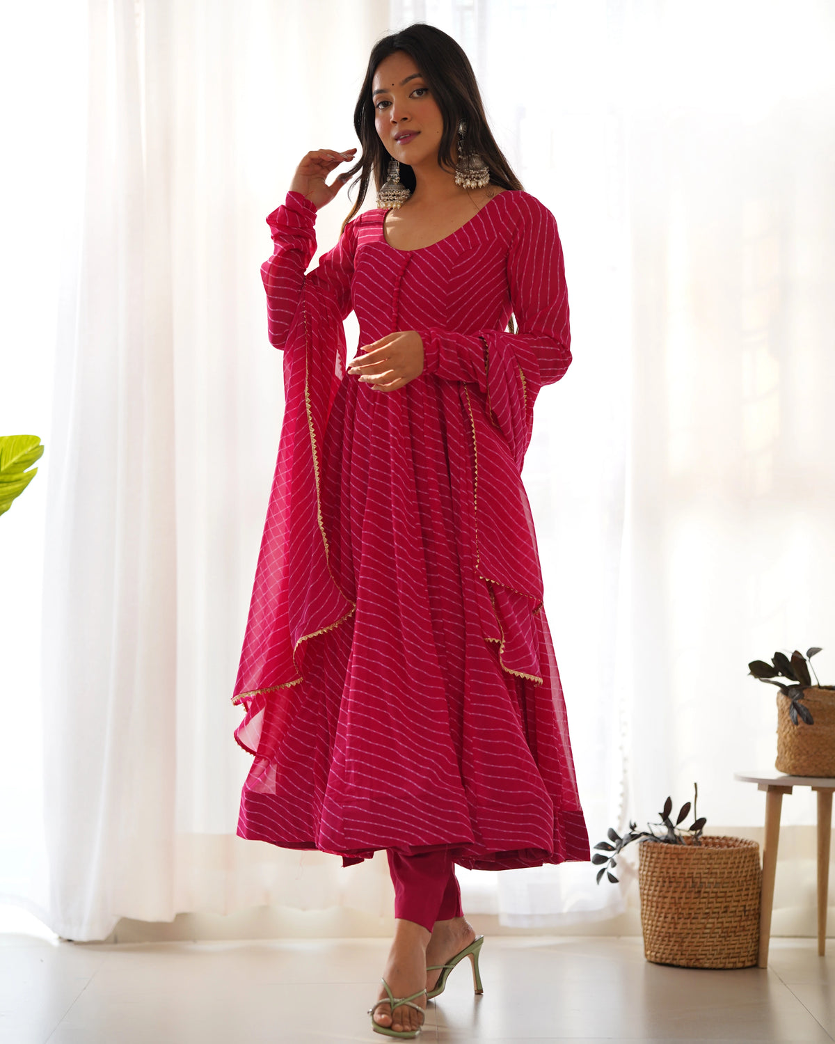 Dark Pink Laheriya Print Fox Georgette Suit