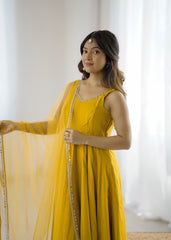 Mustard yellow mirror-work Chanderi Anarkali – Kalyanja.