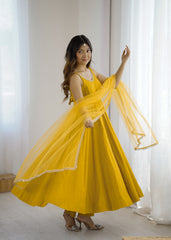 Mustard yellow mirror-work Chanderi Anarkali – Kalyanja.