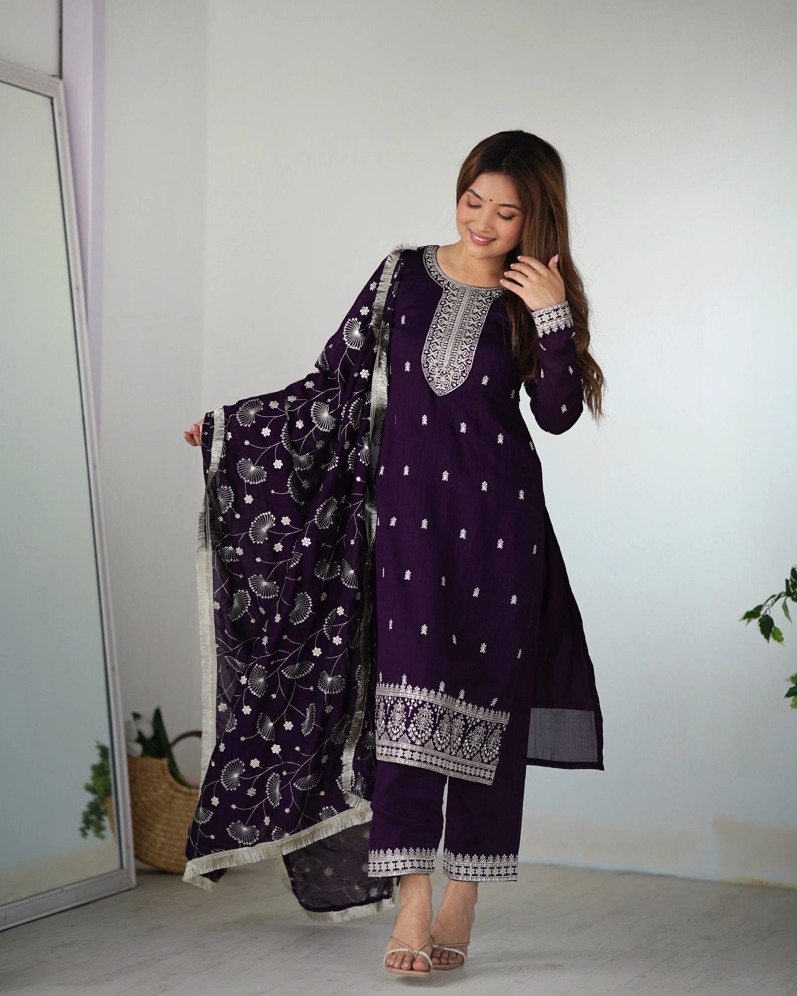 Purple Zari Embroidery & Sequin Work Rangoli Silk Suit - kalyanja
