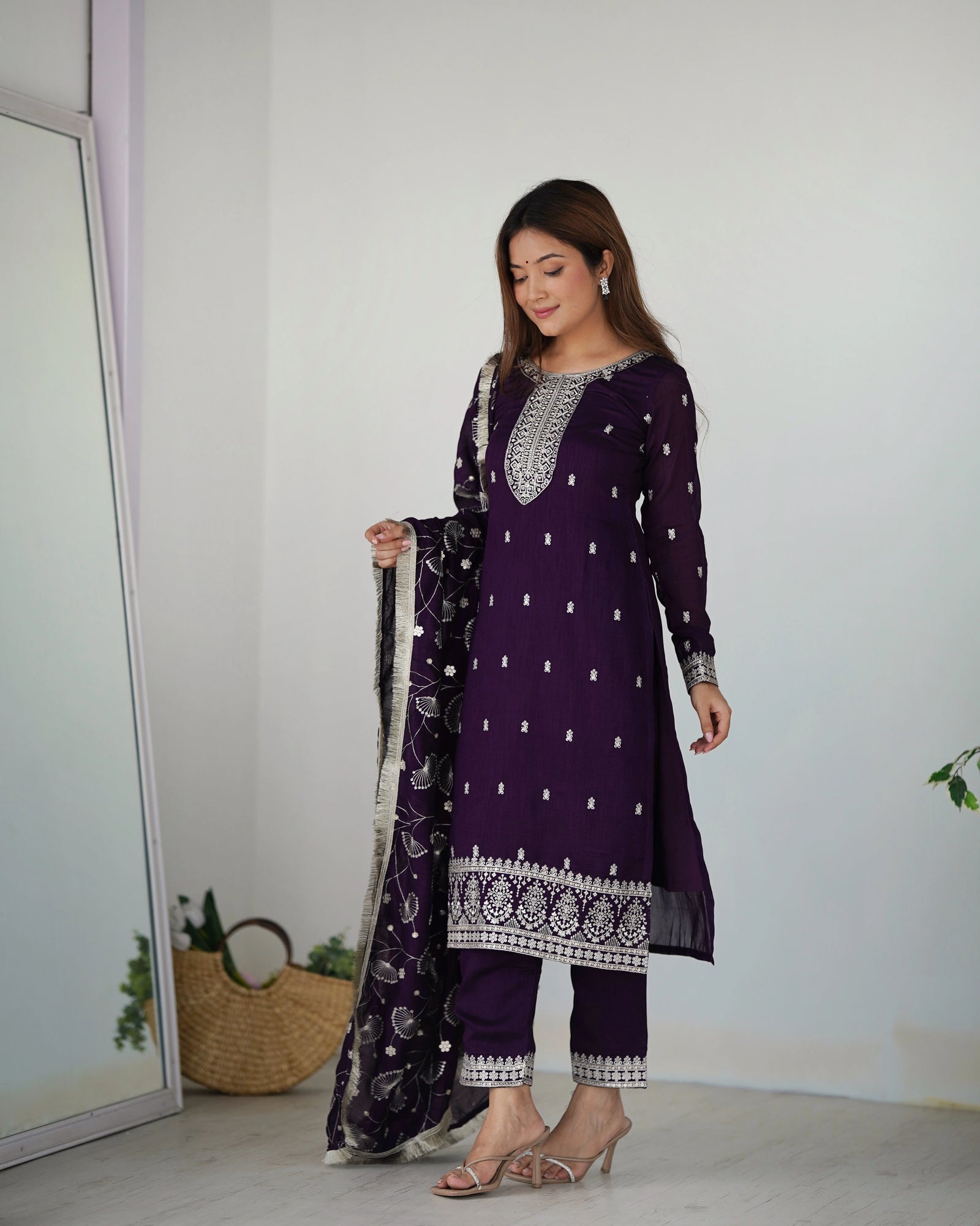 Purple Zari Embroidery & Sequin Work Rangoli Silk Suit - kalyanja