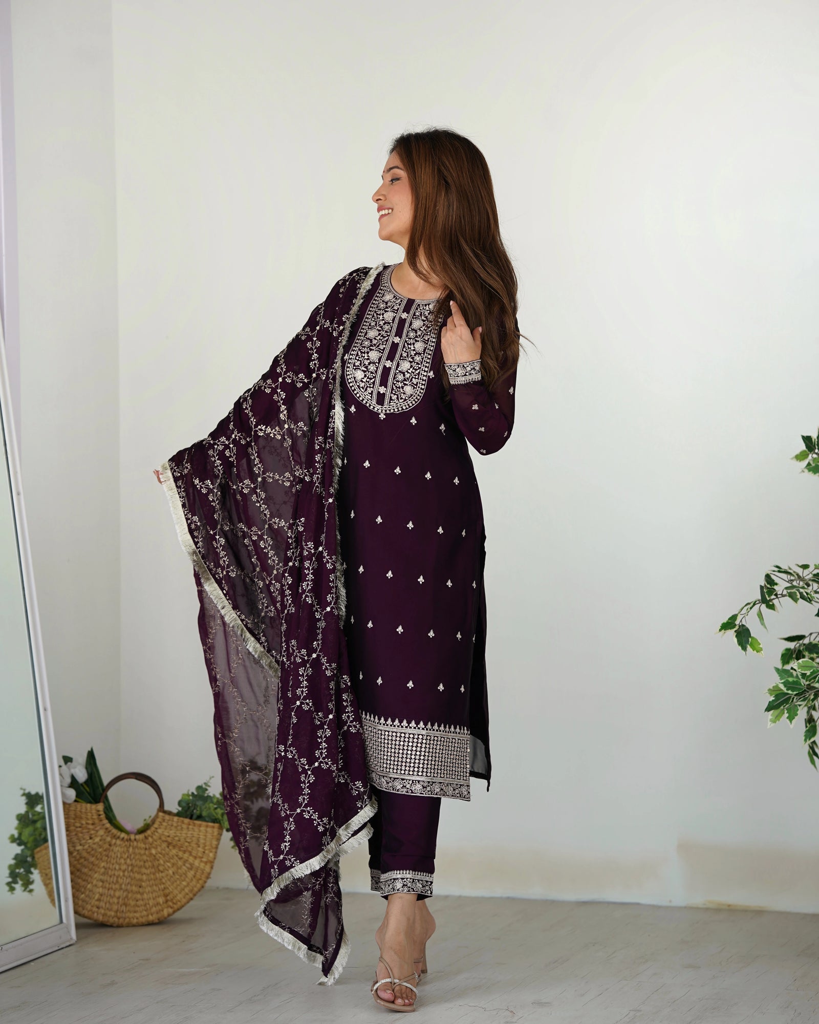 deep shade purple sequins embroidered with thread work rangoli silk suit