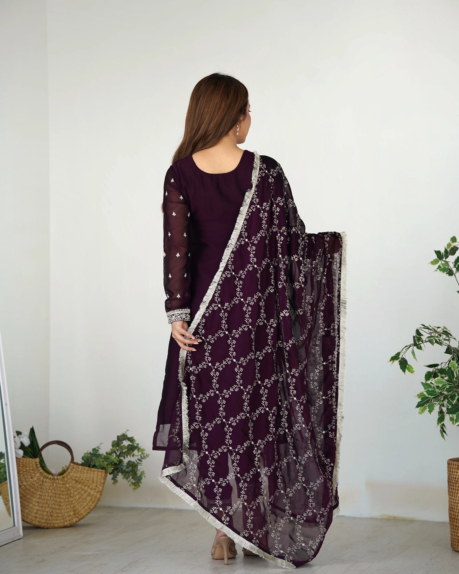 deep shade purple sequins embroidered with thread work rangoli silk suit