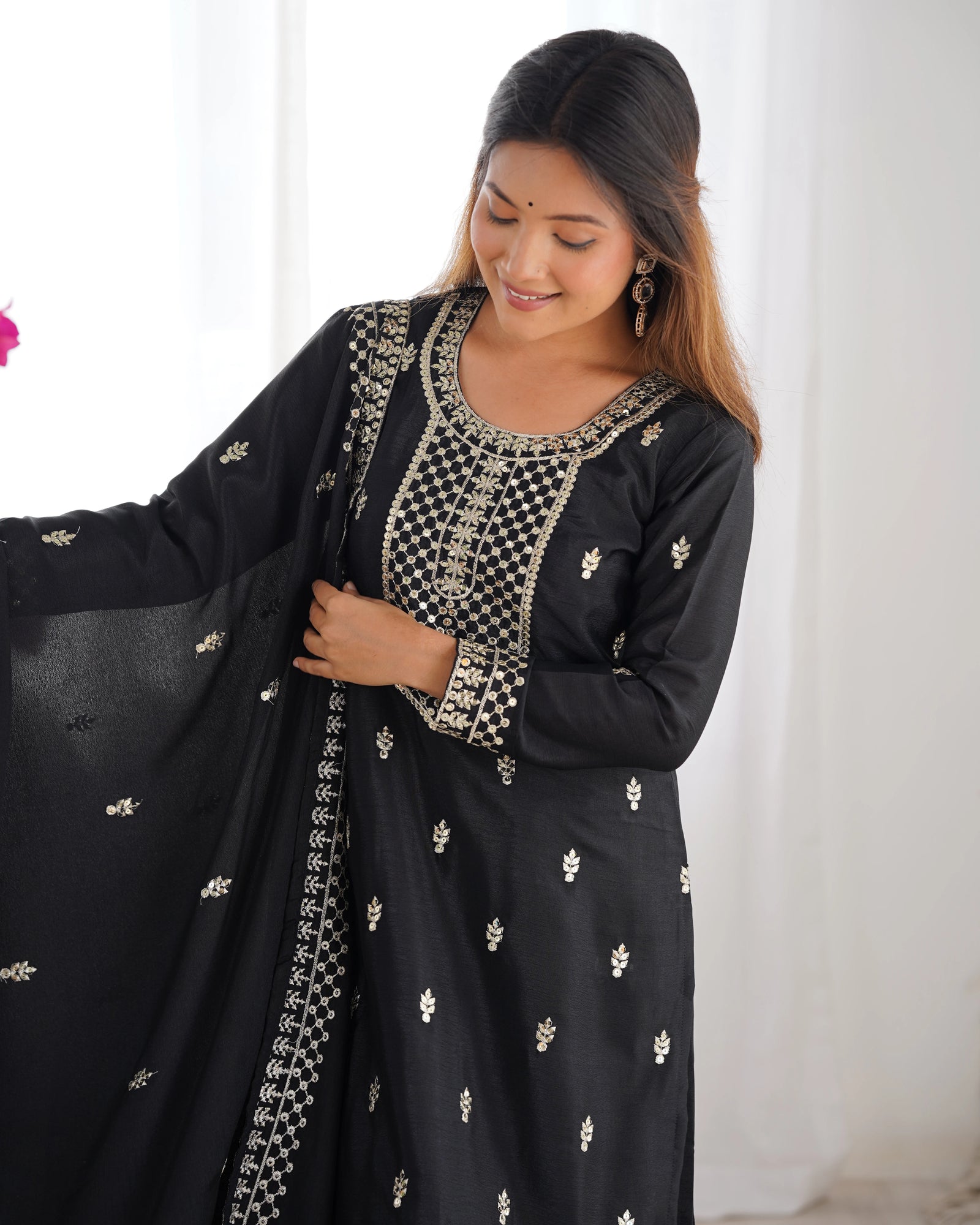 Black Zari Embroidery & Sequin Chinon Silk Suit – Kalyanja