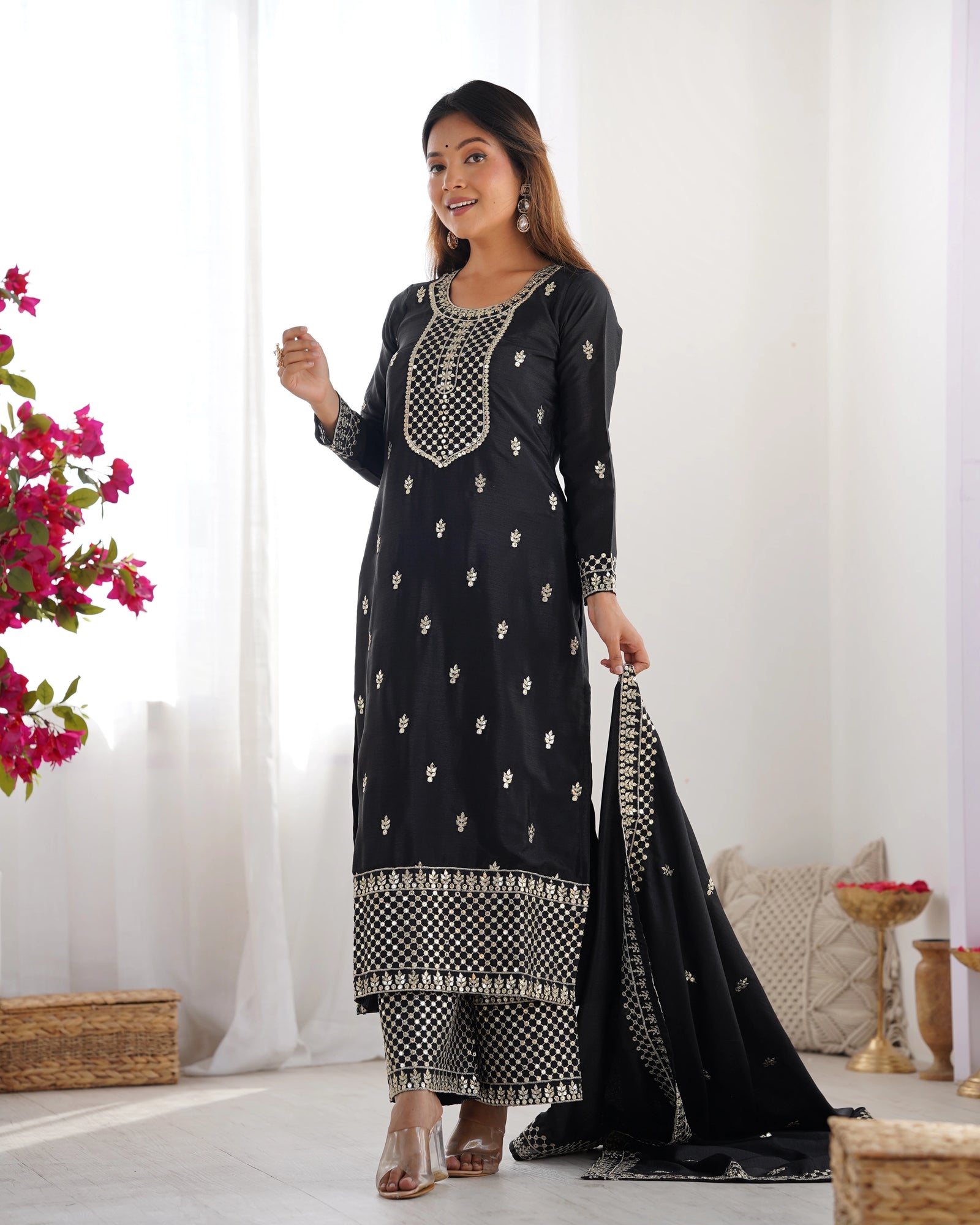 Black Zari Embroidery & Sequin Chinon Silk Suit - kalyanja