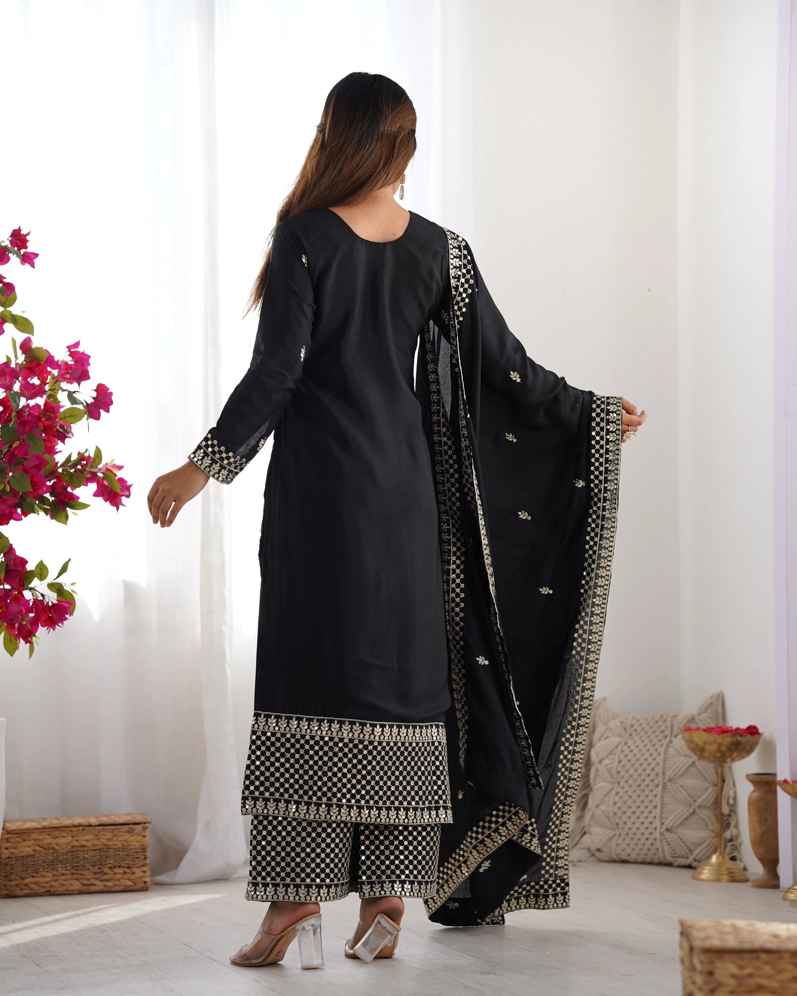 Black Zari Embroidery & Sequin Chinon Silk Suit – Kalyanja