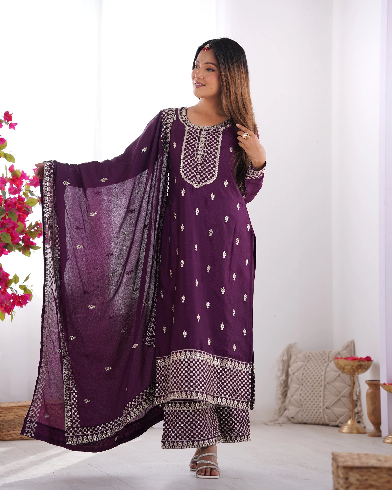 Wine Zari Embroidery & Sequin Chinon Silk Suit - kalyanja