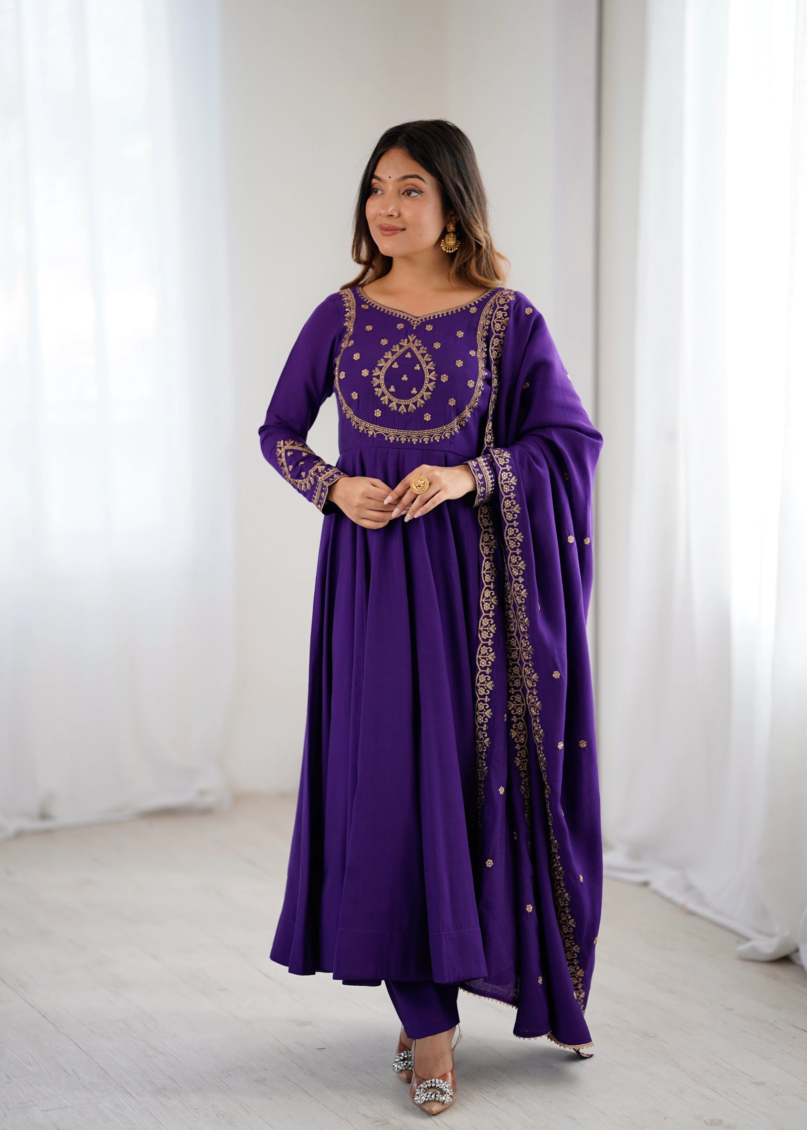 Soft Purple Yoke Fancy Handwork Roman Chanderi Silk Gown