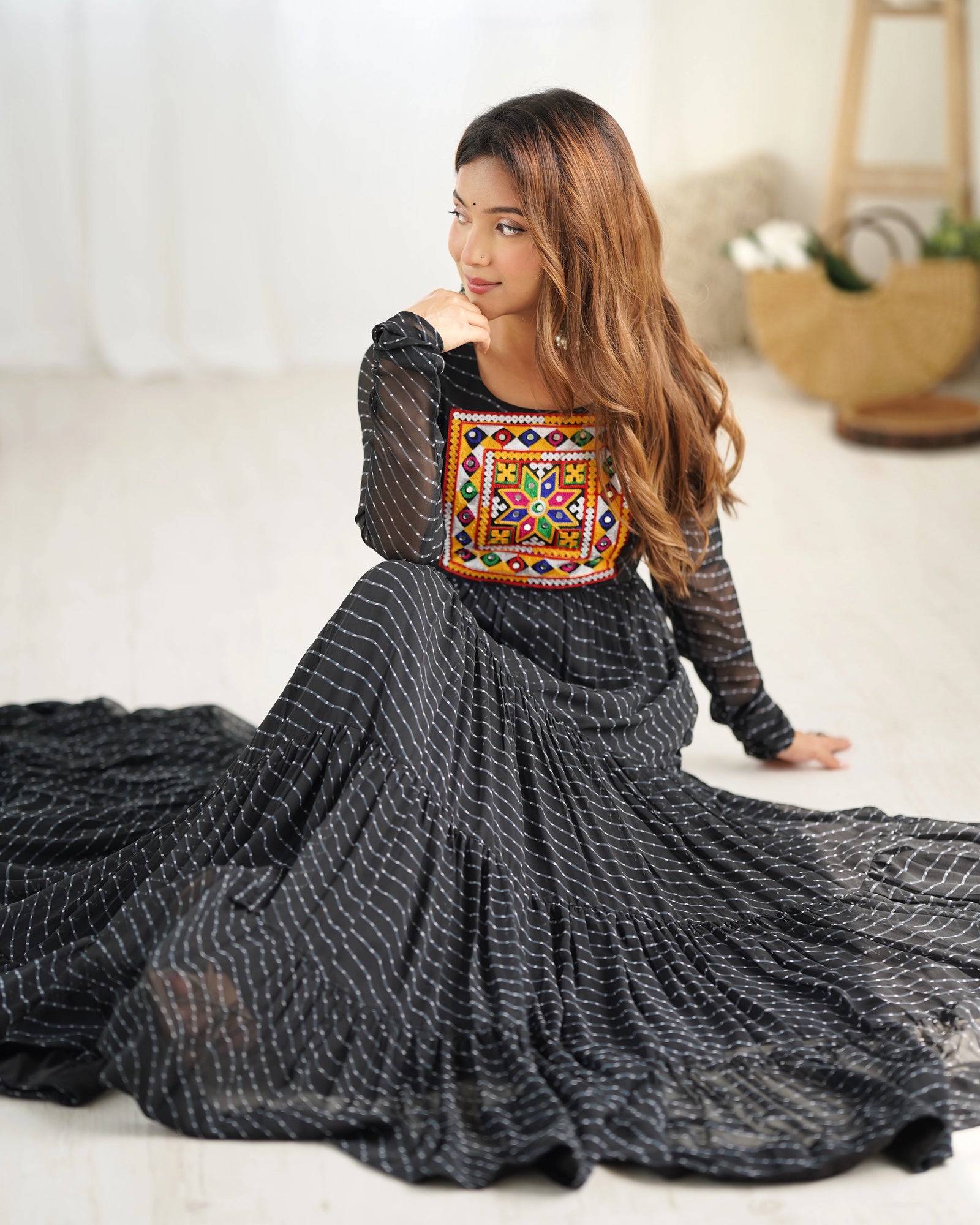 Black Gamthi with Laheriya Print Fox Georgette Gown - kalyanja