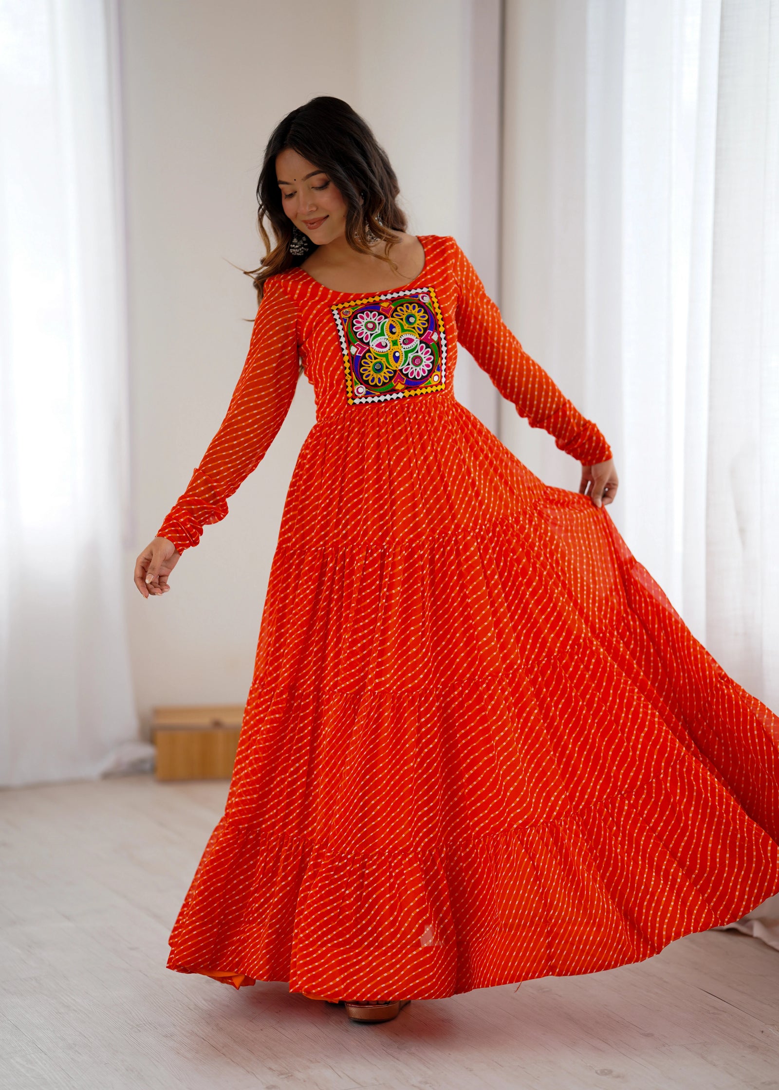 Orange Gamthi with Laheriya Print Fox Georgette Gown - kalyanja