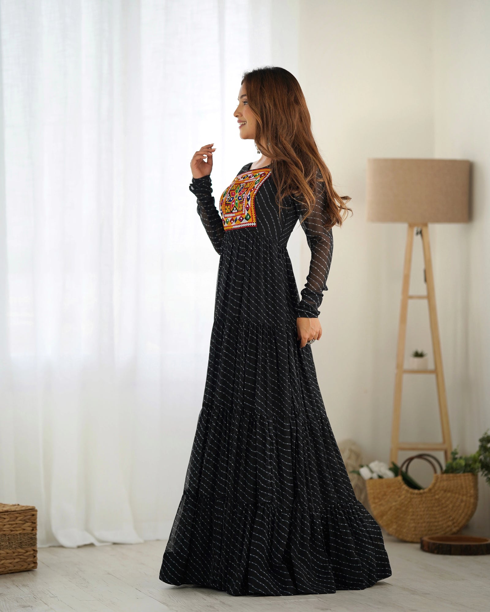 Black Gamthi with Laheriya Print Fox Georgette Gown - kalyanja